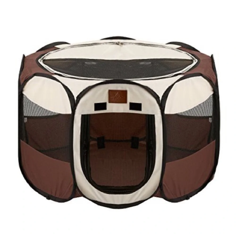 Portable and Foldable Dog Playpen in Brown and Cream - size small